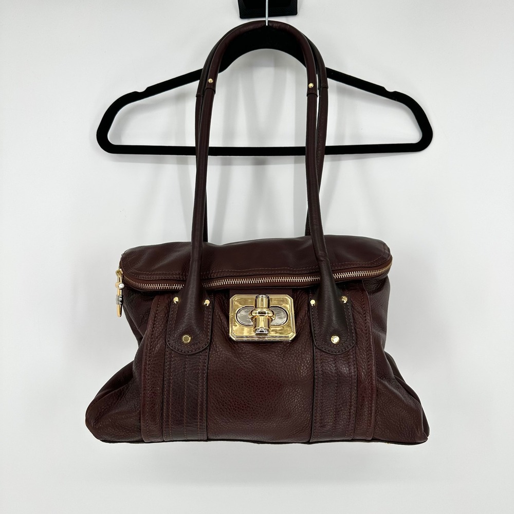 B.Makowsky Burgundy Pebbled Leather Shoulder Satchel Bag Multi Pocket Twist Lock
